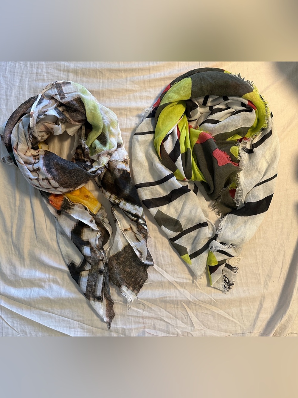 Kit and Ace White, Black, Lime & Brown Patterned Scarves (Pair)